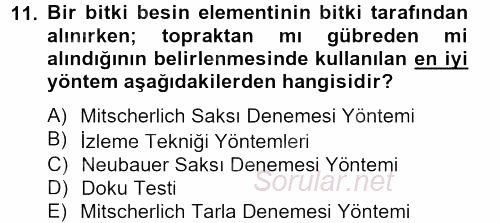 Toprak Bilgisi ve Bitki Besleme 2012 - 2013 Dönem Sonu Sınavı 11.Soru