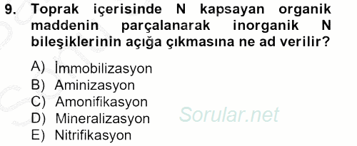 Toprak Bilgisi ve Bitki Besleme 2012 - 2013 Dönem Sonu Sınavı 9.Soru