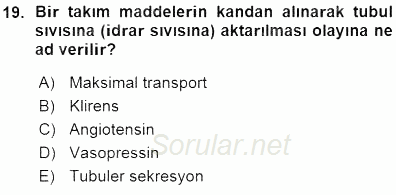Temel Veteriner Fizyoloji 2015 - 2016 Ara Sınavı 19.Soru