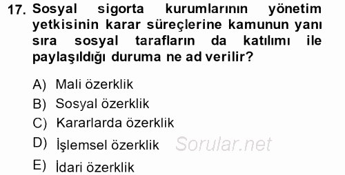 Sosyal Güvenlik 2014 - 2015 Ara Sınavı 17.Soru