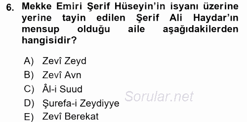 Modern Ortadoğu Tarihi 2015 - 2016 Tek Ders Sınavı 6.Soru