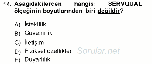 Konaklama Hizmetlerinde Kalite Yönetimi 2014 - 2015 Tek Ders Sınavı 14.Soru