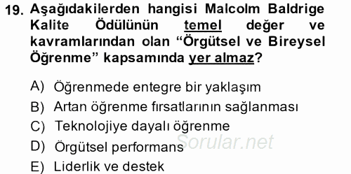 Konaklama Hizmetlerinde Kalite Yönetimi 2014 - 2015 Tek Ders Sınavı 19.Soru