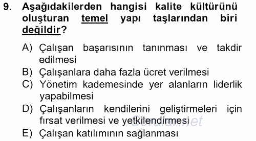 Konaklama Hizmetlerinde Kalite Yönetimi 2014 - 2015 Tek Ders Sınavı 9.Soru