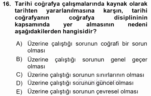 Tarihi Coğrafya 2015 - 2016 Ara Sınavı 16.Soru