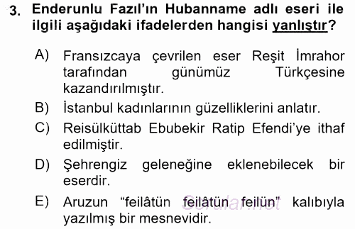 XVIII. Yüzyıl Türk Edebiyatı 2015 - 2016 Dönem Sonu Sınavı 3.Soru