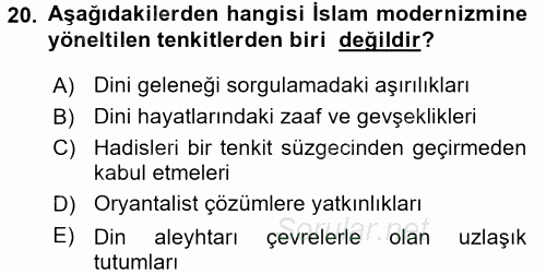 İslam Mezhepleri Tarihi 2017 - 2018 3 Ders Sınavı 20.Soru