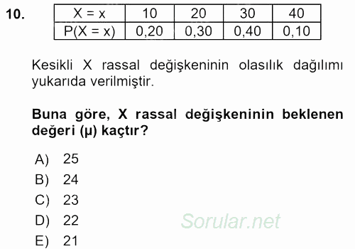 İstatistik 1 2015 - 2016 Dönem Sonu Sınavı 10.Soru