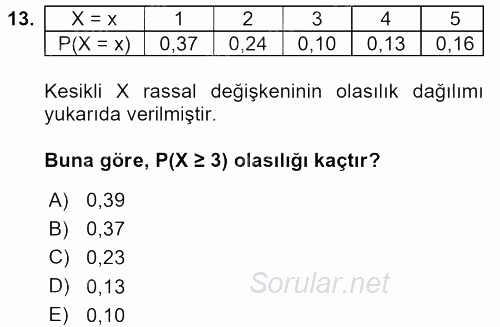 İstatistik 1 2015 - 2016 Dönem Sonu Sınavı 13.Soru