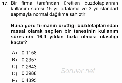 İstatistik 1 2015 - 2016 Dönem Sonu Sınavı 17.Soru