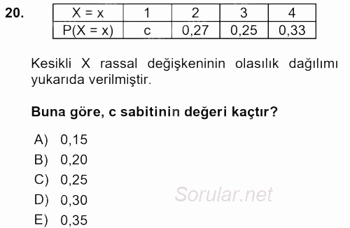 İstatistik 1 2015 - 2016 Dönem Sonu Sınavı 20.Soru