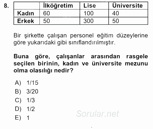 İstatistik 1 2015 - 2016 Dönem Sonu Sınavı 8.Soru