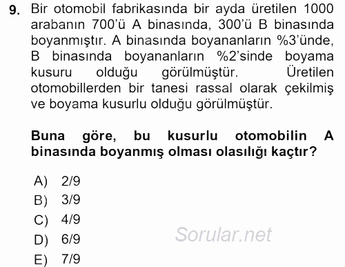 İstatistik 1 2015 - 2016 Dönem Sonu Sınavı 9.Soru
