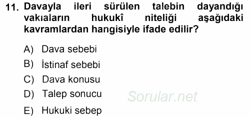 Medeni Usul Hukuku 2014 - 2015 Tek Ders Sınavı 11.Soru