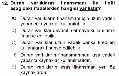 Finansal Tablolar Analizi 2017 - 2018 Ara Sınavı 12.Soru