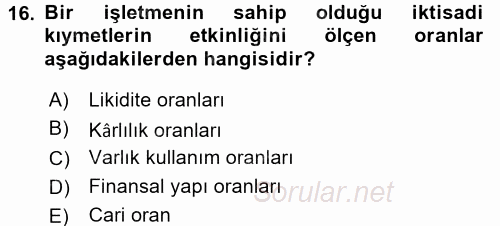 Finansal Tablolar Analizi 2017 - 2018 Ara Sınavı 16.Soru