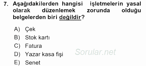 İşletme Fonksiyonları 2015 - 2016 Dönem Sonu Sınavı 7.Soru