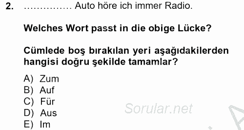 Almanca 2 2014 - 2015 Dönem Sonu Sınavı 2.Soru