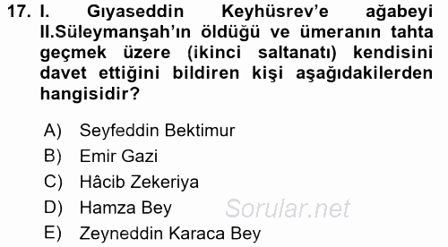 Türkiye Selçuklu Tarihi 2017 - 2018 Ara Sınavı 17.Soru