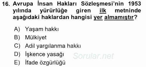 İnsan Hakları Ve Kamu Özgürlükleri 2015 - 2016 Tek Ders Sınavı 16.Soru