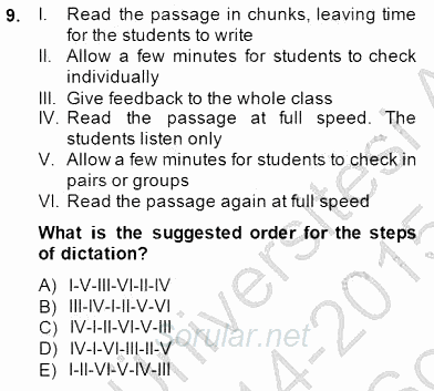Okuma Ve Dinleme Öğretimi 2014 - 2015 Dönem Sonu Sınavı 9.Soru