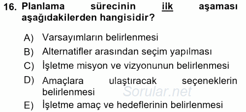 İşletme Yönetimi 2016 - 2017 Ara Sınavı 16.Soru