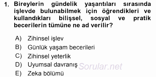 Özel Gereksinimli Bireyler ve Bakım Hizmetleri 2016 - 2017 Ara Sınavı 1.Soru