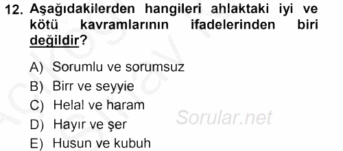 İslam Ahlak Esasları 2012 - 2013 Ara Sınavı 12.Soru