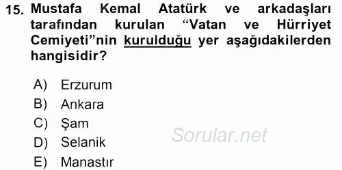 Osmanlı Tarihi (1876–1918) 2015 - 2016 Dönem Sonu Sınavı 15.Soru