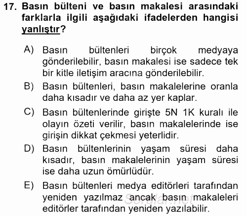 Halkla İlişkiler Uygulamaları ve Örnek Olaylar 2015 - 2016 Dönem Sonu Sınavı 17.Soru