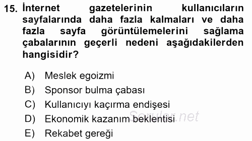 Medya ve Etik 2015 - 2016 Tek Ders Sınavı 15.Soru