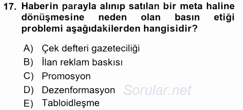 Medya ve Etik 2015 - 2016 Tek Ders Sınavı 17.Soru
