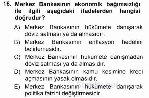 Para ve Banka 2012 - 2013 Dönem Sonu Sınavı 16.Soru