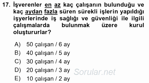 İş Sağlığı ve Güvenliği 2017 - 2018 Ara Sınavı 17.Soru