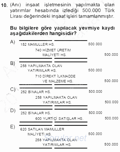 İnşaat ve Gayrimenkul Muhasebesi 2013 - 2014 Dönem Sonu Sınavı 10.Soru