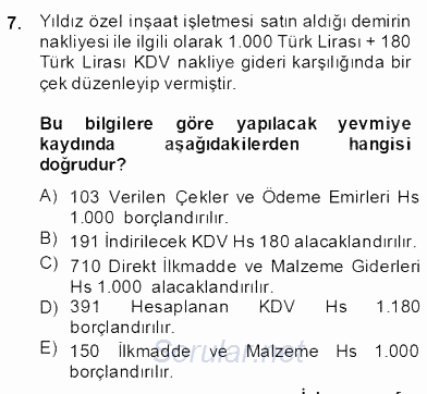 İnşaat ve Gayrimenkul Muhasebesi 2013 - 2014 Dönem Sonu Sınavı 7.Soru