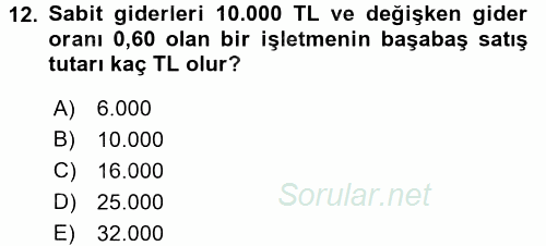 Finansal Yönetim 1 2017 - 2018 Dönem Sonu Sınavı 12.Soru