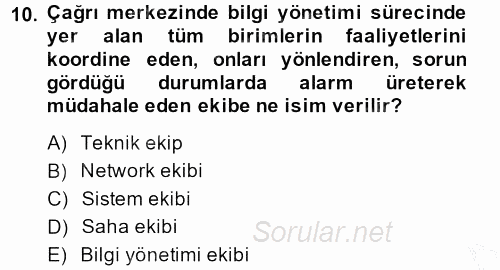 Çağrı Merkezi Yönetimi 2 2014 - 2015 Dönem Sonu Sınavı 10.Soru