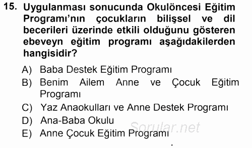 Anne Baba Eğitimi 2013 - 2014 Tek Ders Sınavı 15.Soru
