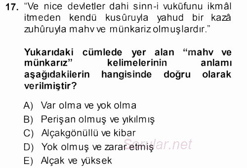 Osmanlı Türkçesi Metinleri 1 2013 - 2014 Ara Sınavı 17.Soru