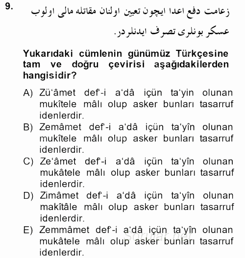 Osmanlı Türkçesi Metinleri 1 2013 - 2014 Ara Sınavı 9.Soru