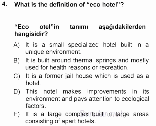 Turizm İçin 1ngilizce 1 2013 - 2014 Ara Sınavı 4.Soru