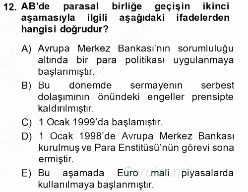 Avrupa Birliği 2013 - 2014 Dönem Sonu Sınavı 12.Soru