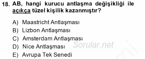 Avrupa Birliği 2013 - 2014 Dönem Sonu Sınavı 18.Soru