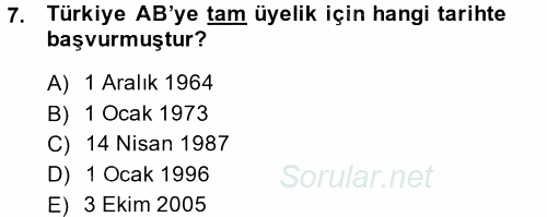 Avrupa Birliği 2013 - 2014 Dönem Sonu Sınavı 7.Soru