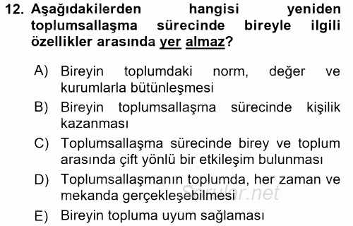 Toplumsal Yaşamda Aile 2017 - 2018 Dönem Sonu Sınavı 12.Soru