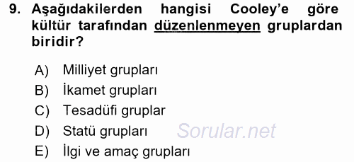 Toplumsal Yaşamda Aile 2017 - 2018 Dönem Sonu Sınavı 9.Soru