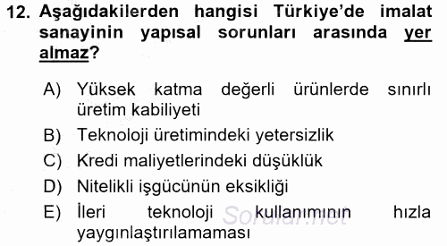 Türkiye Ekonomisi 2016 - 2017 3 Ders Sınavı 12.Soru