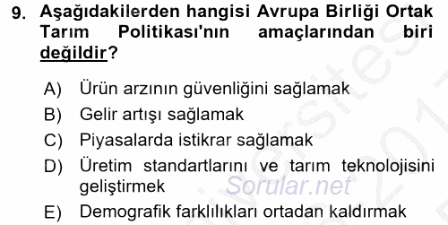 Türkiye Ekonomisi 2016 - 2017 3 Ders Sınavı 9.Soru