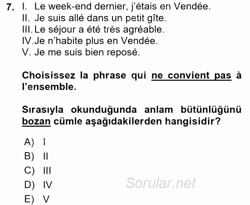 Fransızca 1 2016 - 2017 Dönem Sonu Sınavı 7.Soru